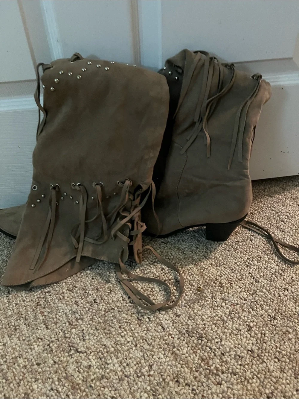 Suede Fringe Over-the-Knee Boots in Taupe